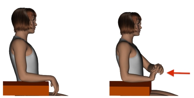 Imagen ilustrativa, 2 dibujos: muñeca sentada con antebrazo apoyado en una mesa 1 reposo, 2 flexión dorsal de muñeca ayudando con la mano contraria