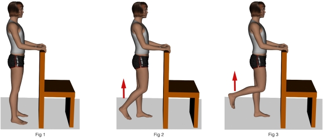 Imagen ilustrativa: 3 dibujos, muñeca de pie con manos apoyadas en una silla, se ve cómo levanta la pierna en dos tiempos
