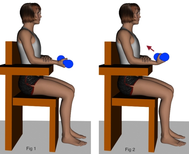 Imagen ilustrativa, 2 dibujos: muñeca sentada en una silla, brazo doblado, antebrazo apoyado en una mesa con la mano saliendo por fuera de la mesa dorso de la mano hacia el suelo(pesa en la mano): 1 reposo, 2 flexión dorsal de la muñeca