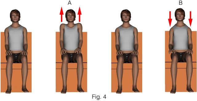 Imagen ilustrativa: 4 dibujos, muñeca sentada en una silla: 1 reposo, 2 subir hombros, 3 reposo, 4 bajar hombros