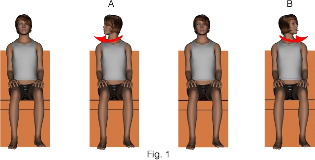 Imagen ilustrativa: 4 dibujos, muñeca sentada en una silla: 1 reposo, 2 giro de cabeza a la derecha, 3 reposo, 4 giro de cabeza a la izquierda